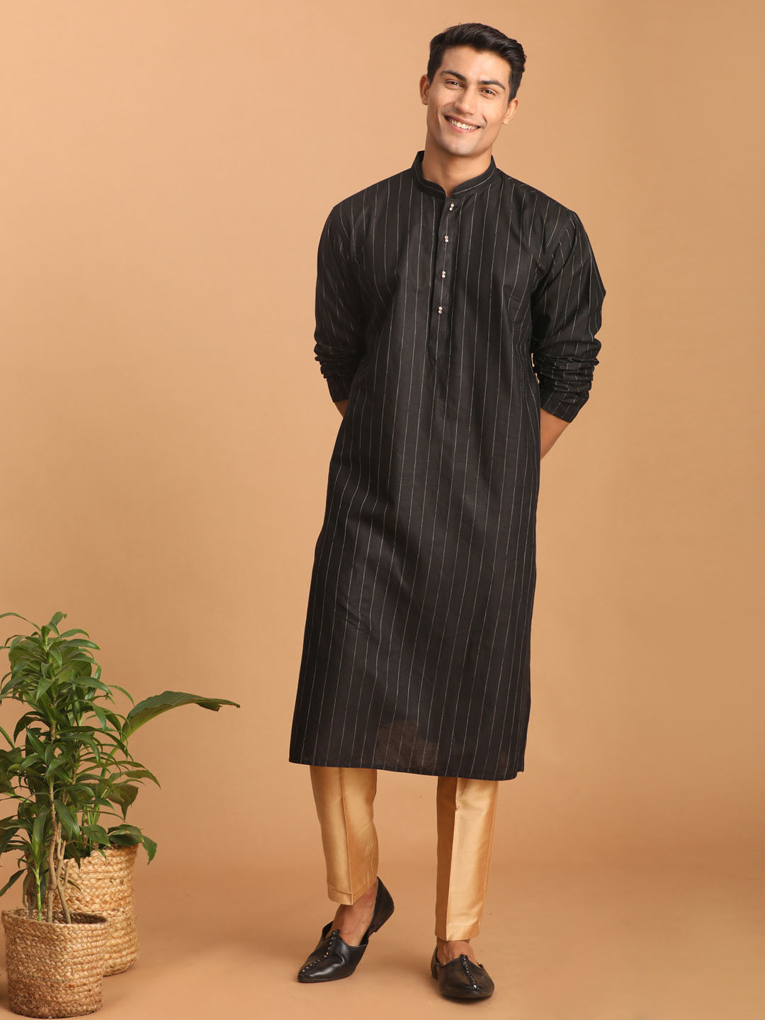 Sarvati Men's Black Striped Kurta And Rose Gold Pant Set