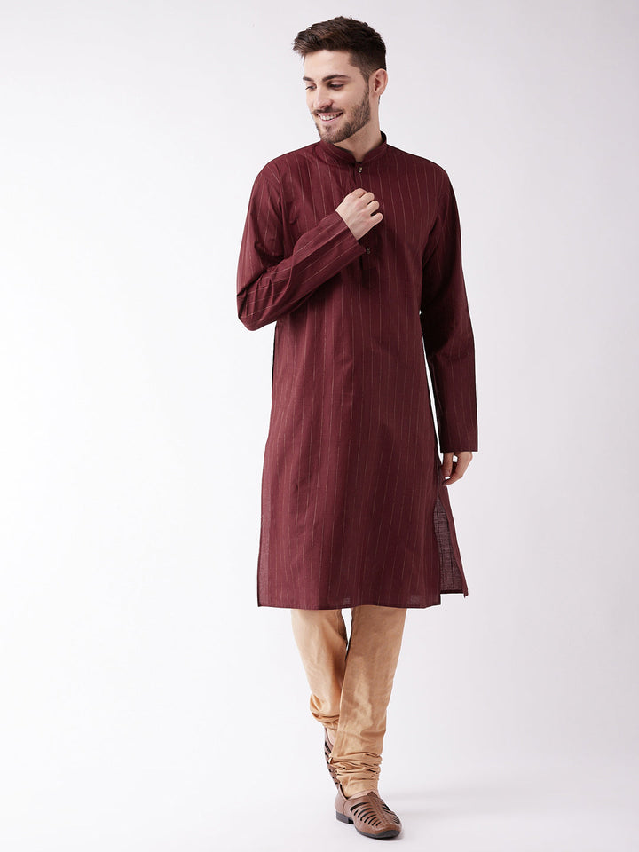 Sarvati Men's Maroon And Rose Gold Cotton Blend Kurta Pyjama Set