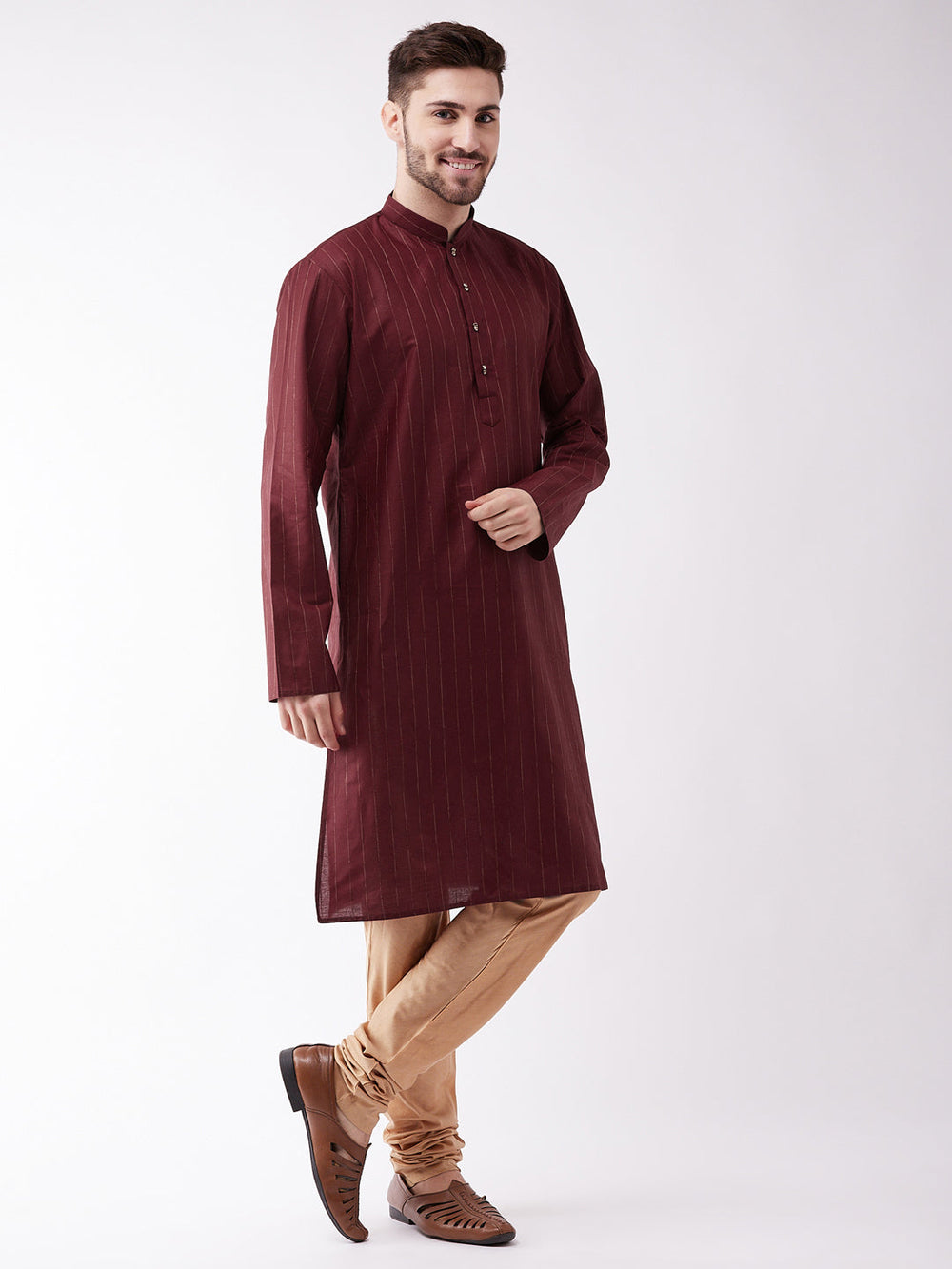 Sarvati Men's Maroon And Rose Gold Cotton Blend Kurta Pyjama Set