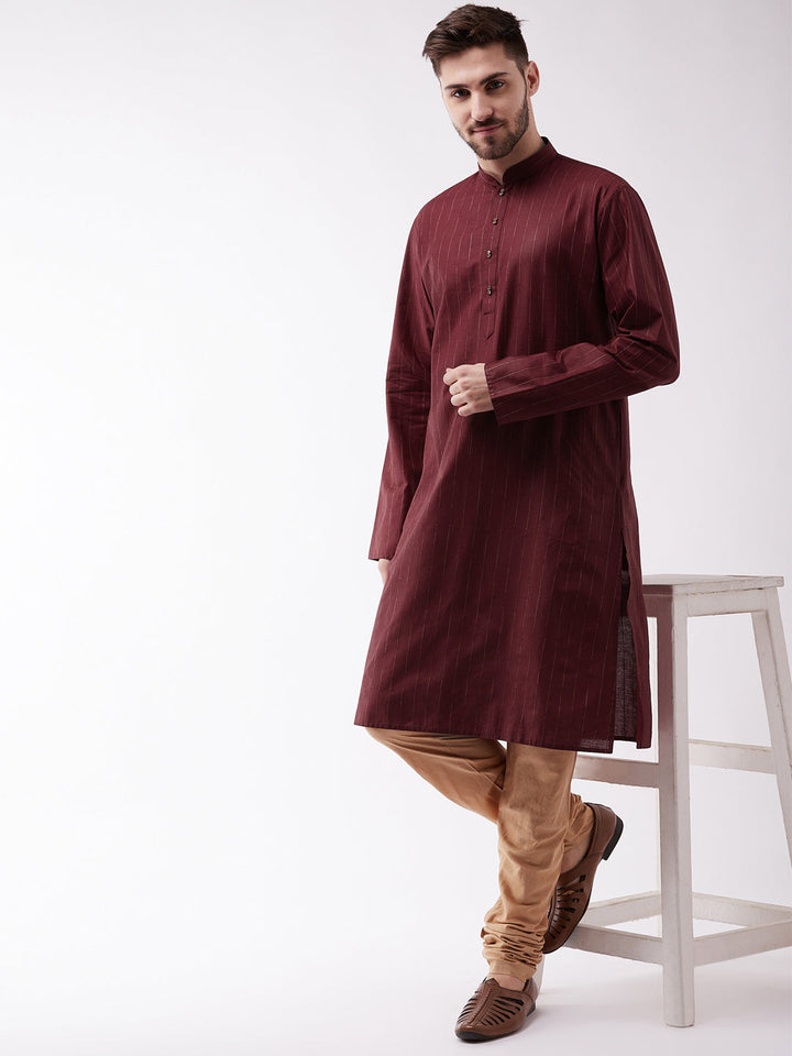 Sarvati Men's Maroon And Rose Gold Cotton Blend Kurta Pyjama Set