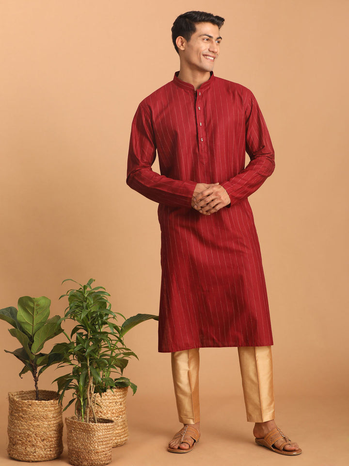 Sarvati Men's Maroon Striped Kurta And Rose Gold Pant Set