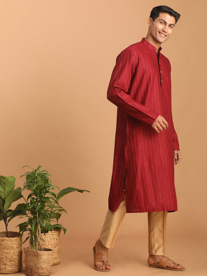 Sarvati Men's Maroon Striped Kurta And Rose Gold Pant Set