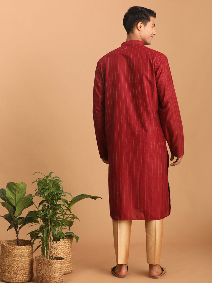 Sarvati Men's Maroon Striped Kurta And Rose Gold Pant Set