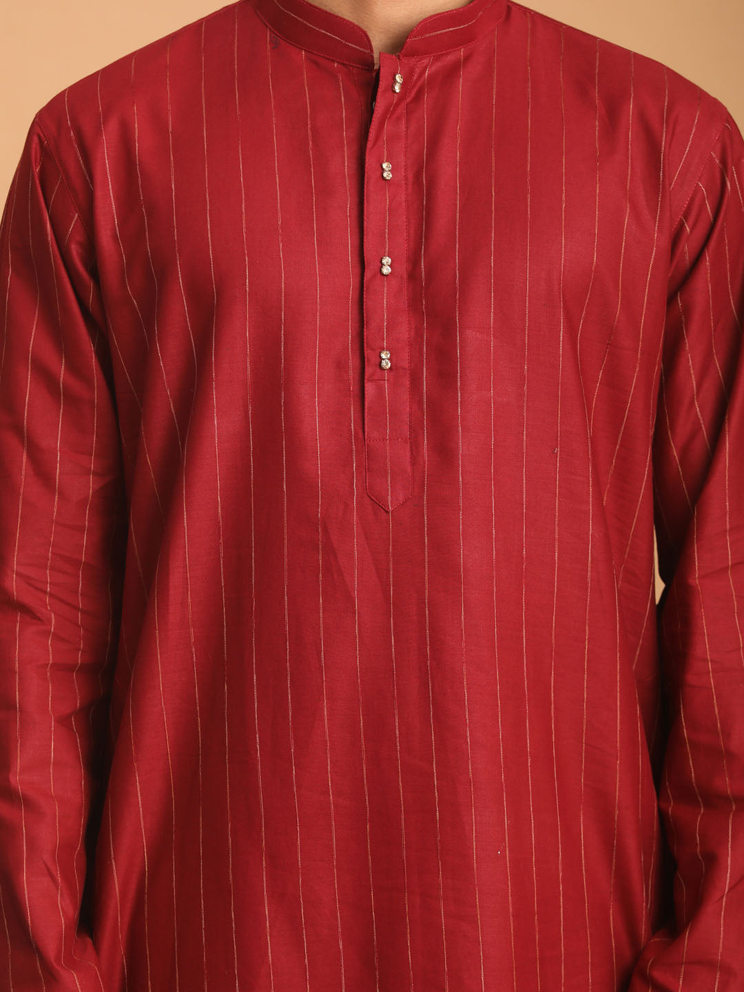 Sarvati Men's Maroon Striped Kurta And Rose Gold Pant Set