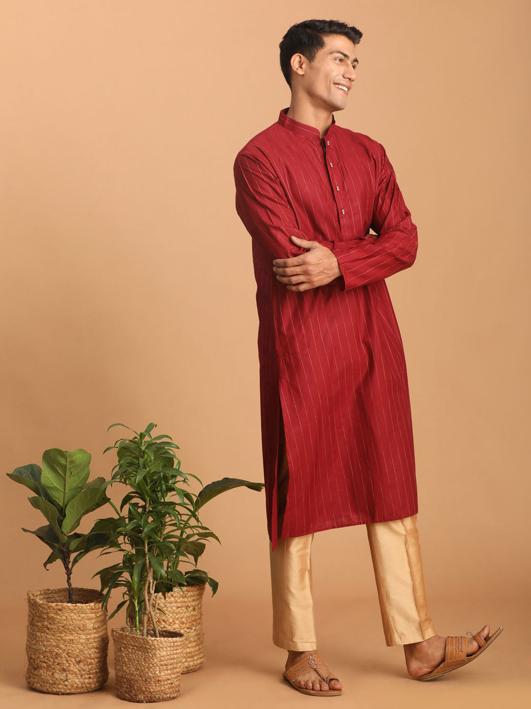 Sarvati Men's Maroon Striped Kurta And Rose Gold Pant Set