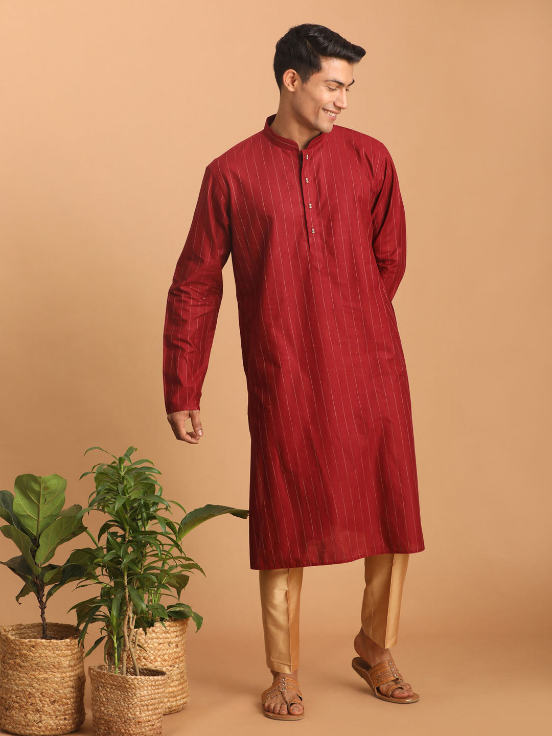 Sarvati Men's Maroon Striped Kurta And Rose Gold Pant Set