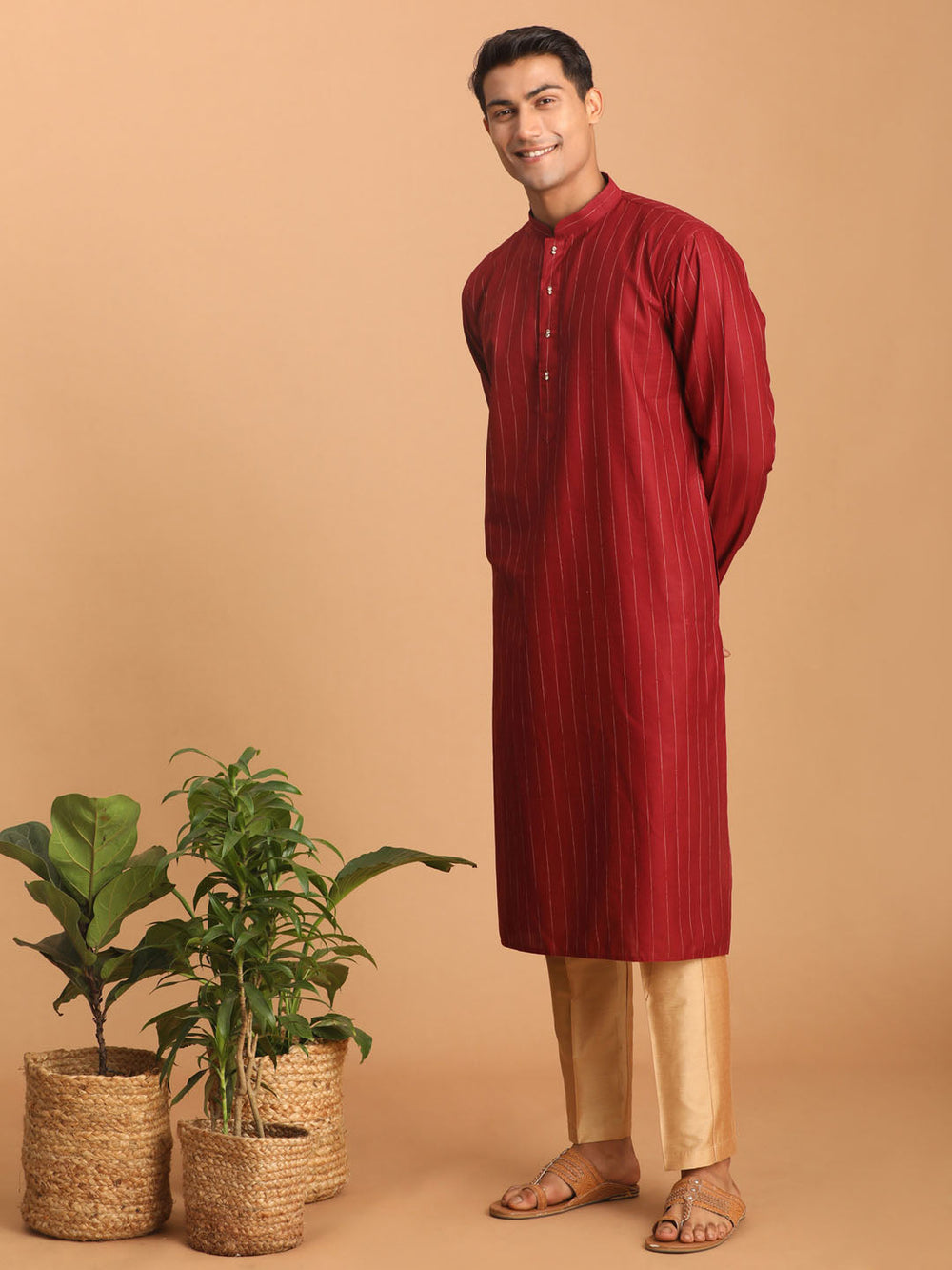 Sarvati Men's Maroon Striped Kurta And Rose Gold Pant Set