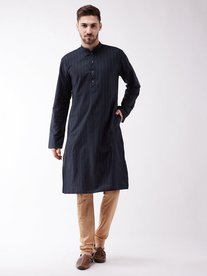 Sarvati Men's Navy Blue And Rose Gold Cotton Blend Kurta Pyjama Set