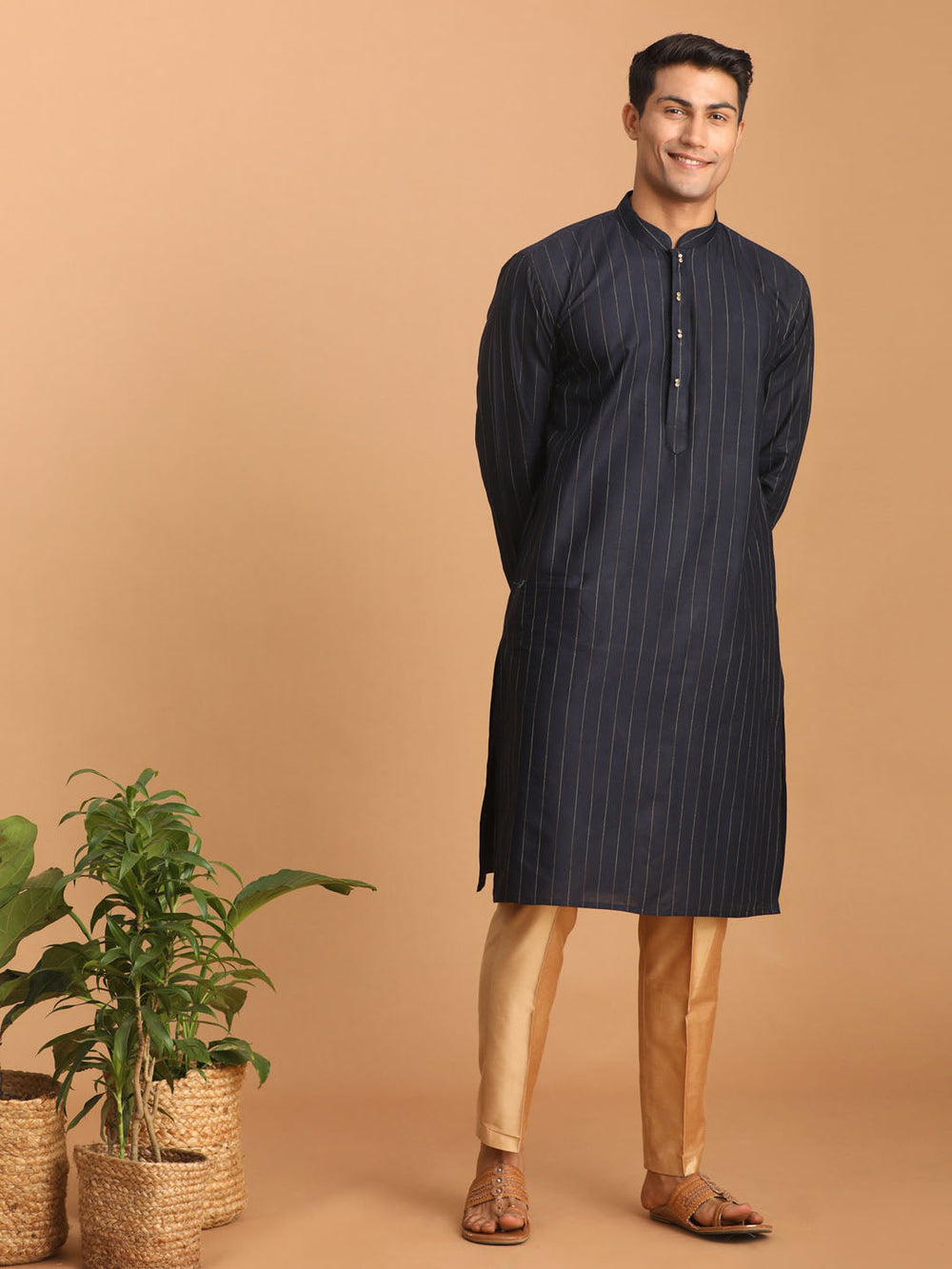 Sarvati Men's Navy Blue Striped Kurta And Rose Gold Pant Set