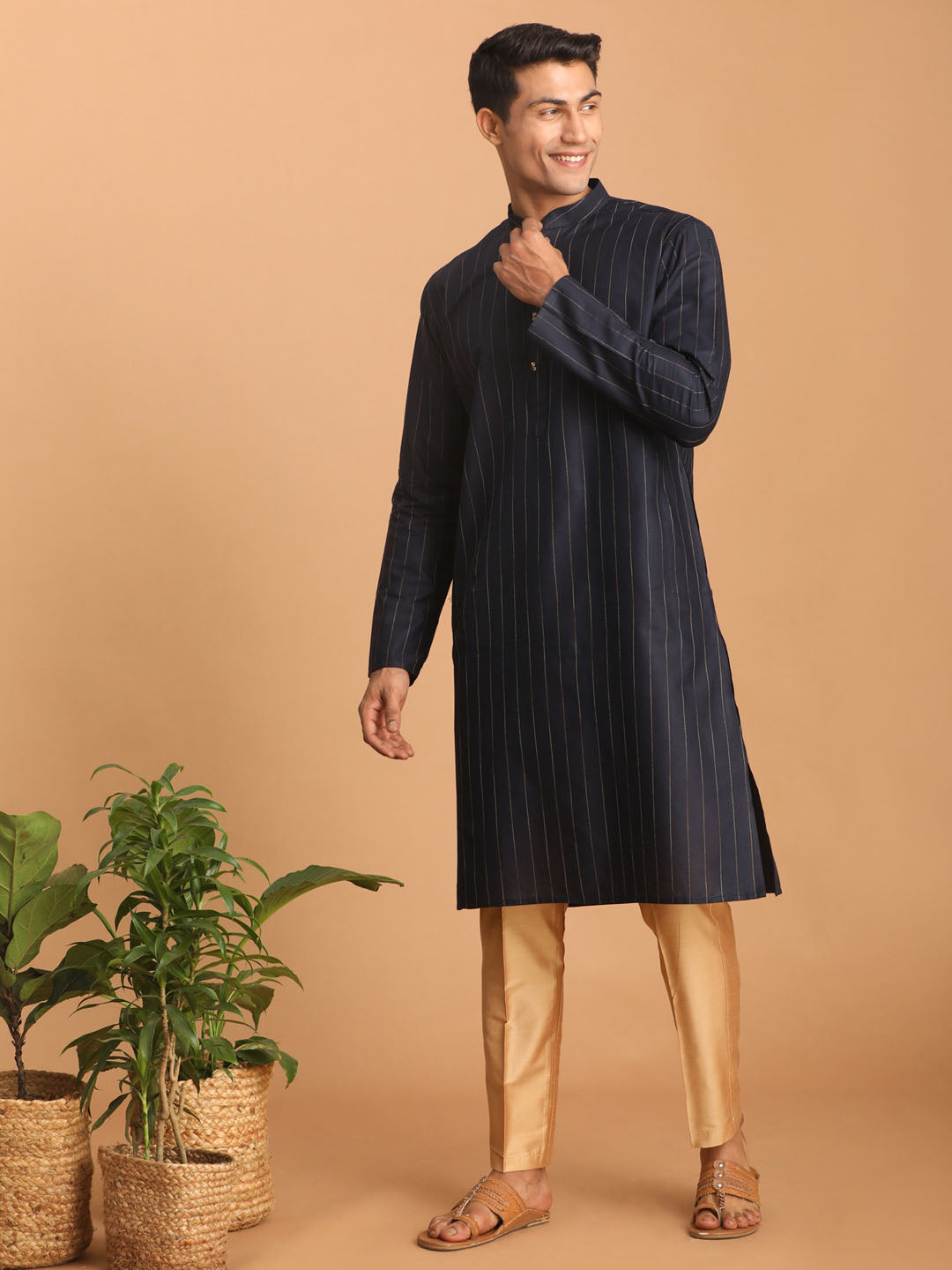 Sarvati Men's Navy Blue Striped Kurta And Rose Gold Pant Set