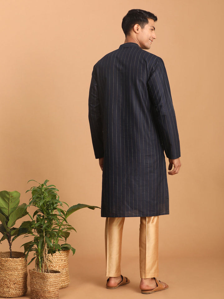 Sarvati Men's Navy Blue Striped Kurta And Rose Gold Pant Set