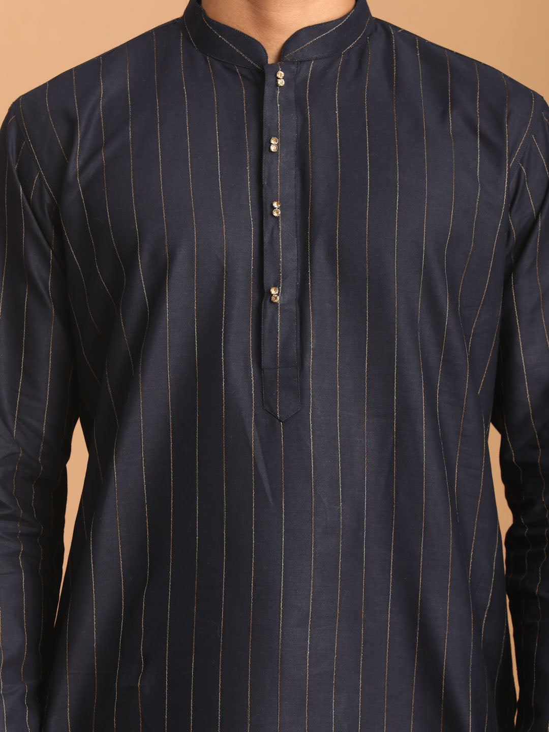 Sarvati Men's Navy Blue Striped Kurta And Rose Gold Pant Set