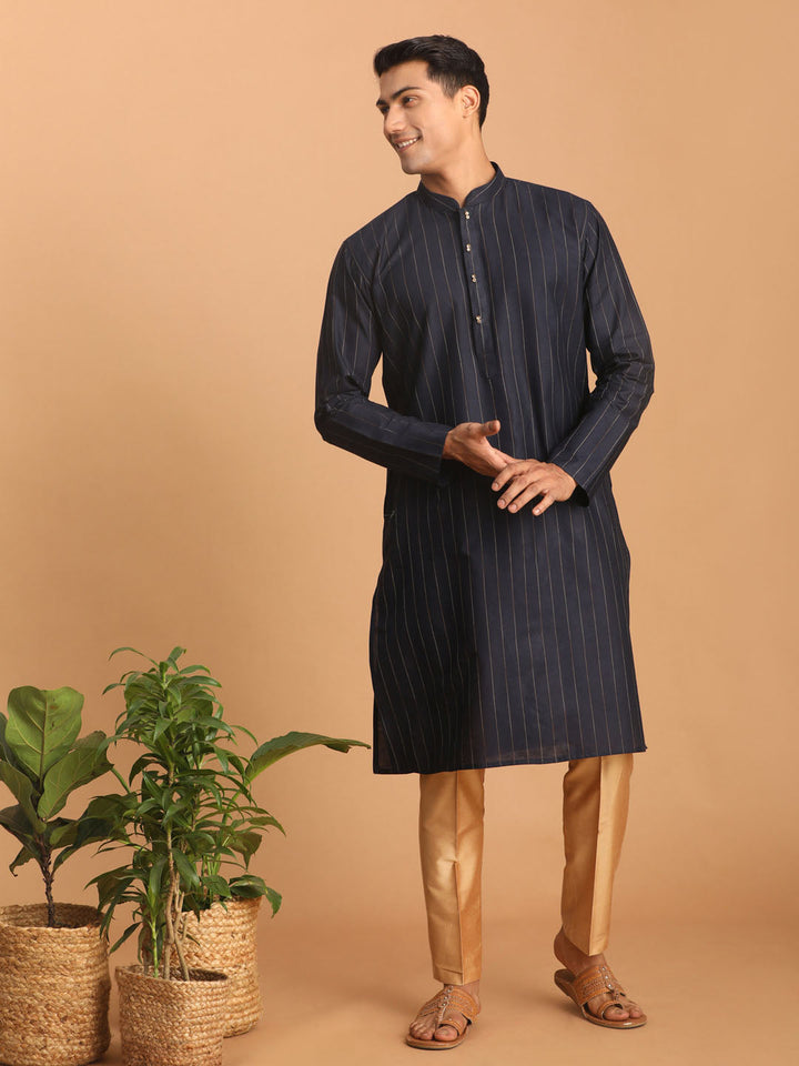 Sarvati Men's Navy Blue Striped Kurta And Rose Gold Pant Set