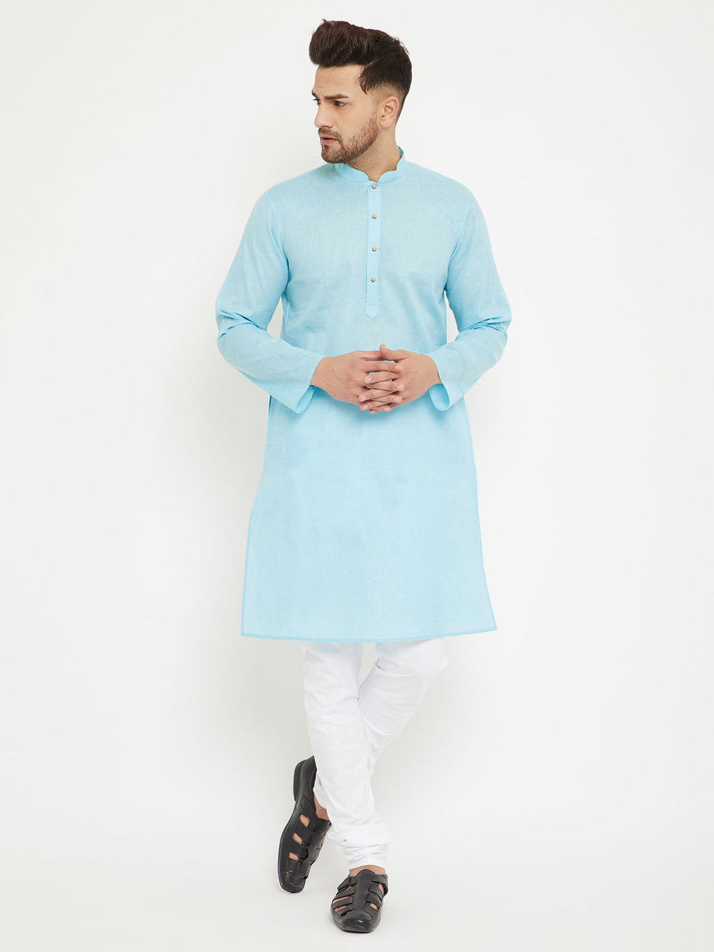 Sarvati Men's Aqua And White Cotton Blend Kurta Pyjama Set