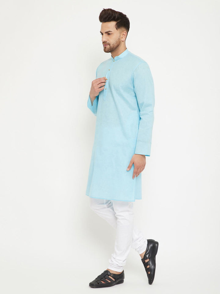 Sarvati Men's Aqua And White Cotton Blend Kurta Pyjama Set