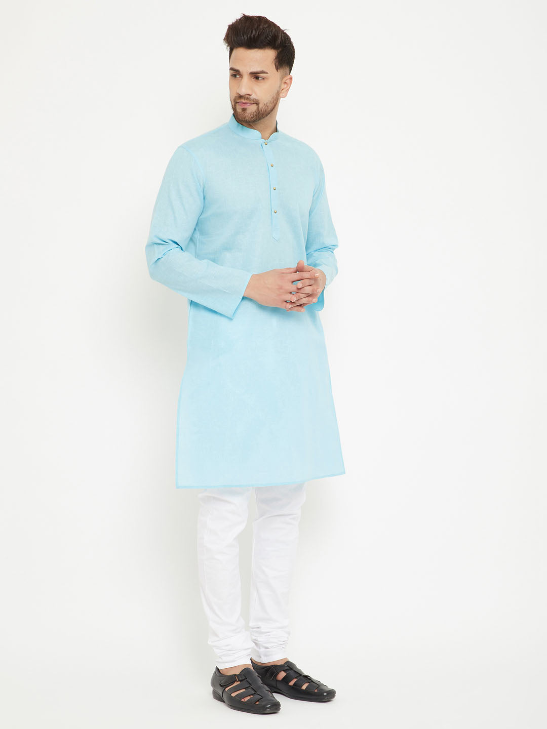 Sarvati Men's Aqua And White Cotton Blend Kurta Pyjama Set