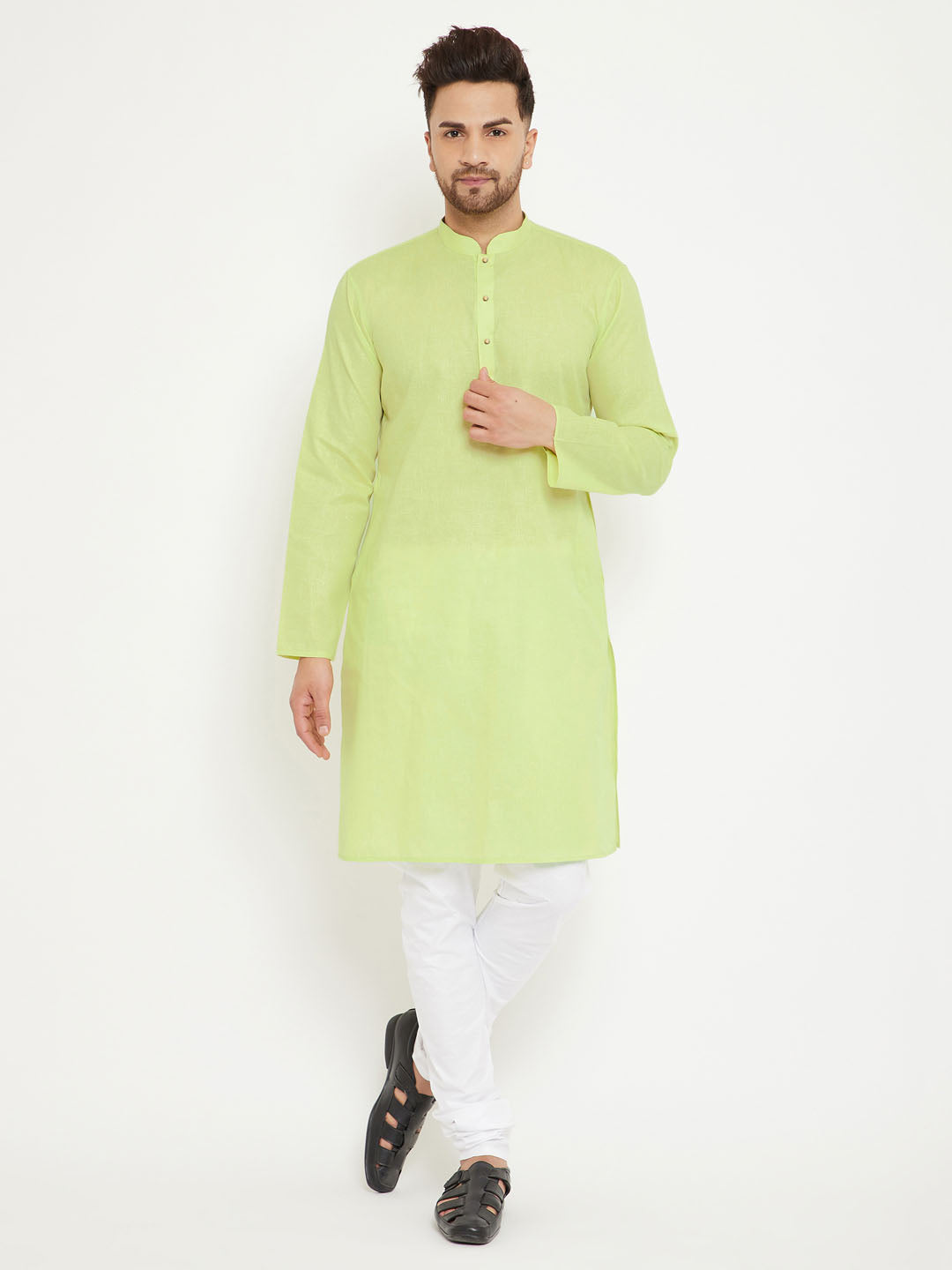 Sarvati Men's Green And White Cotton Blend Kurta Pyjama Set