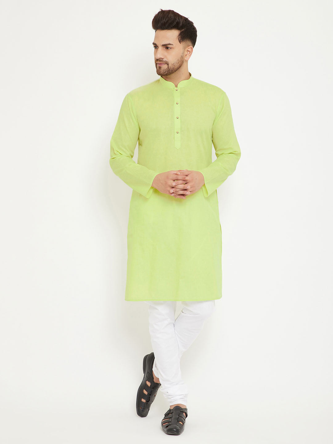 Sarvati Men's Green And White Cotton Blend Kurta Pyjama Set