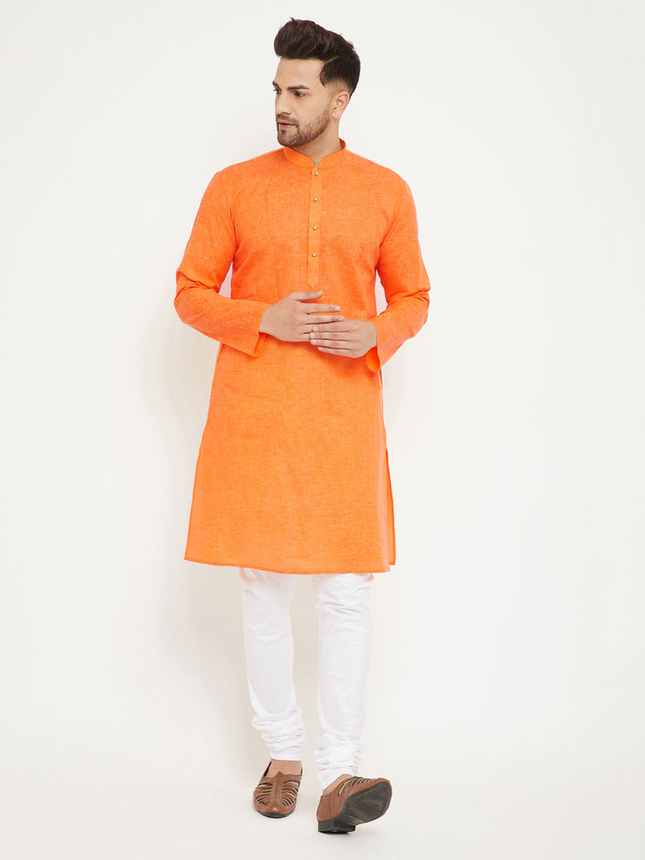 Sarvati Men's Orange And White Cotton Blend Kurta Pyjama Set