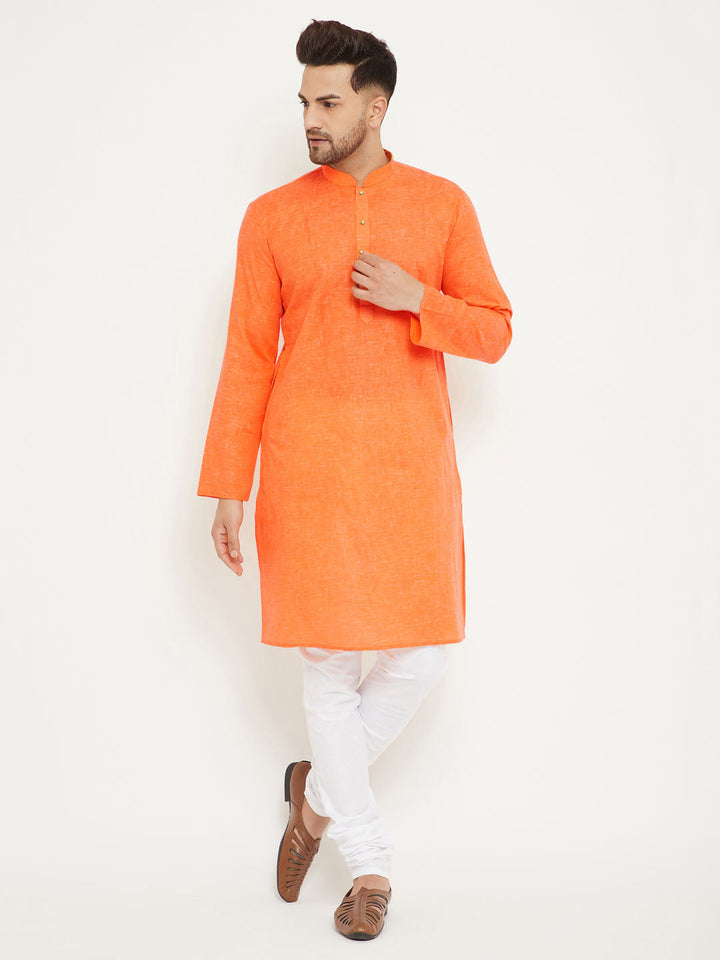 Sarvati Men's Orange And White Cotton Blend Kurta Pyjama Set