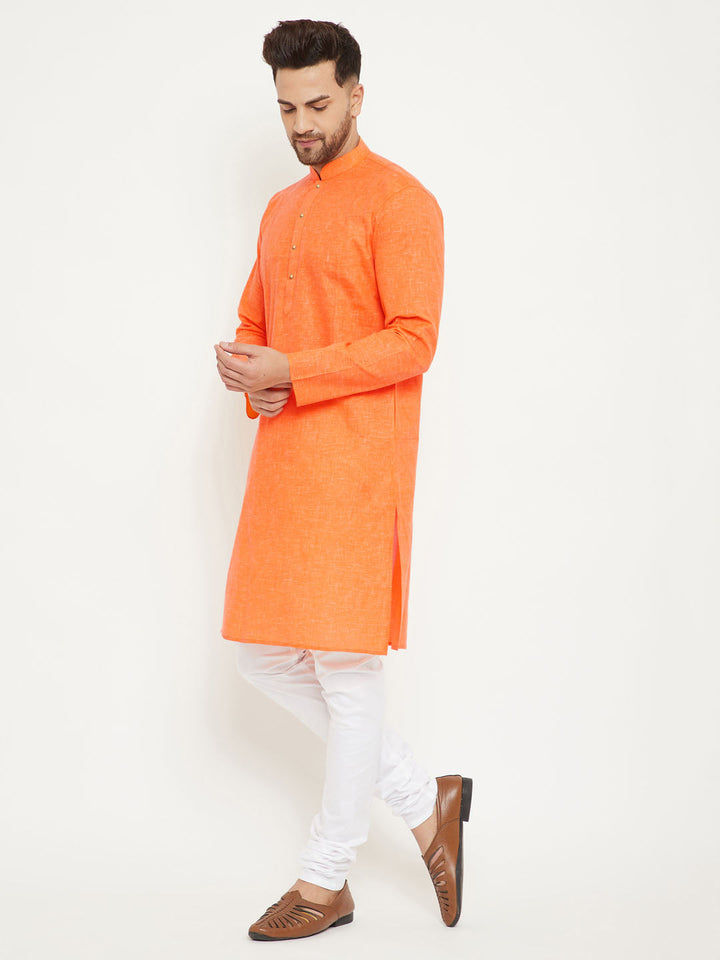 Sarvati Men's Orange And White Cotton Blend Kurta Pyjama Set