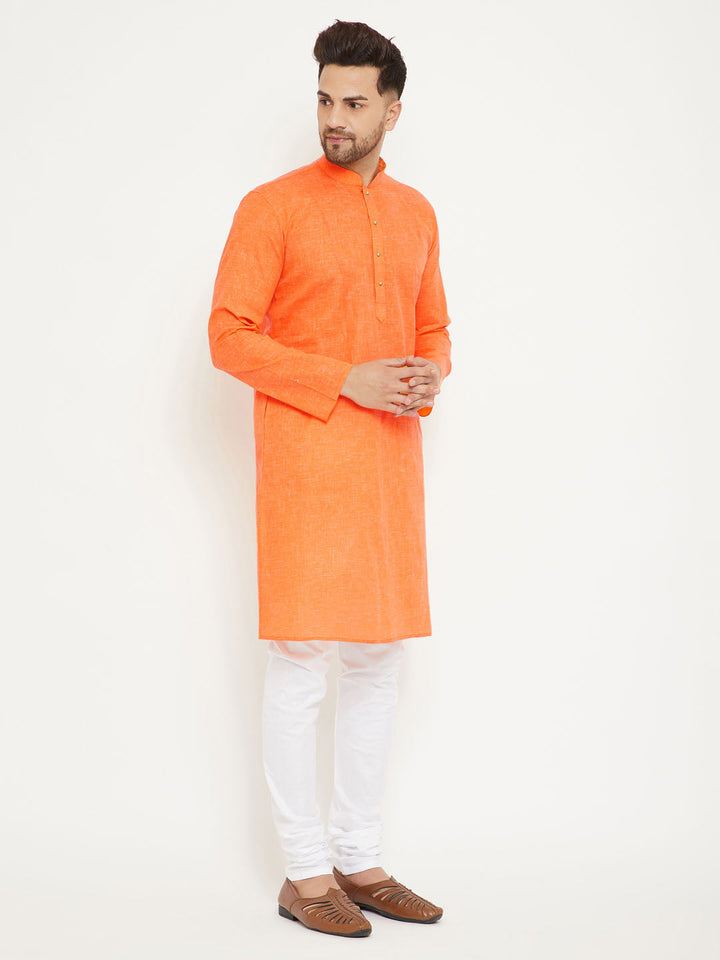 Sarvati Men's Orange And White Cotton Blend Kurta Pyjama Set