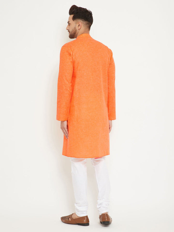 Sarvati Men's Orange And White Cotton Blend Kurta Pyjama Set