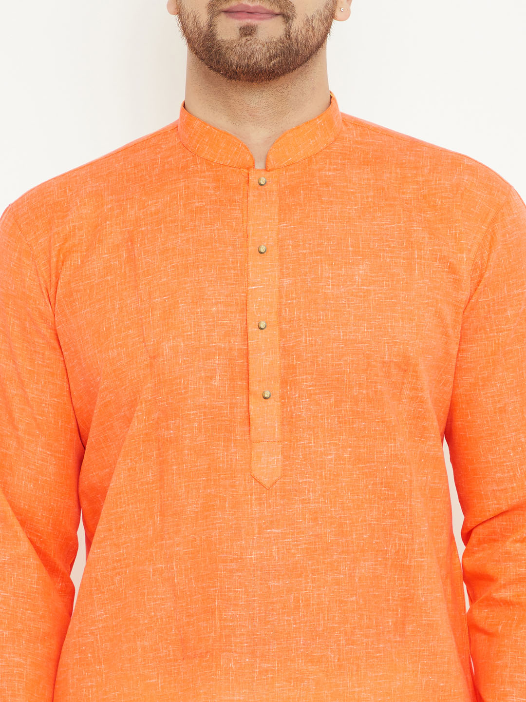 Sarvati Men's Orange And White Cotton Blend Kurta Pyjama Set