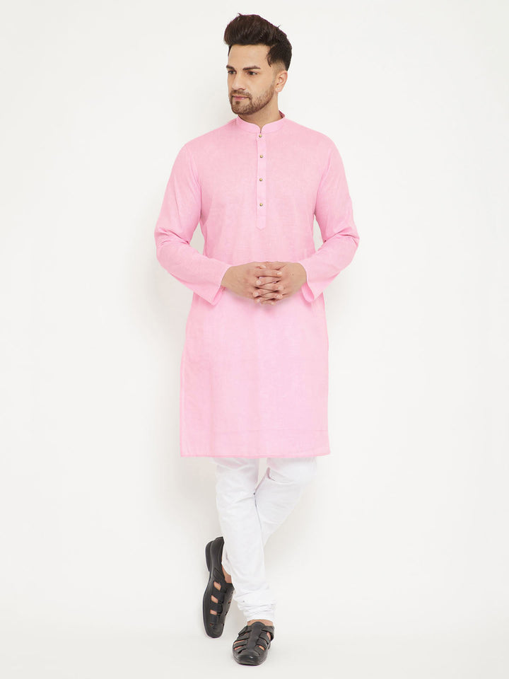 Sarvati Men's Pink And White Cotton Blend Kurta Pyjama Set