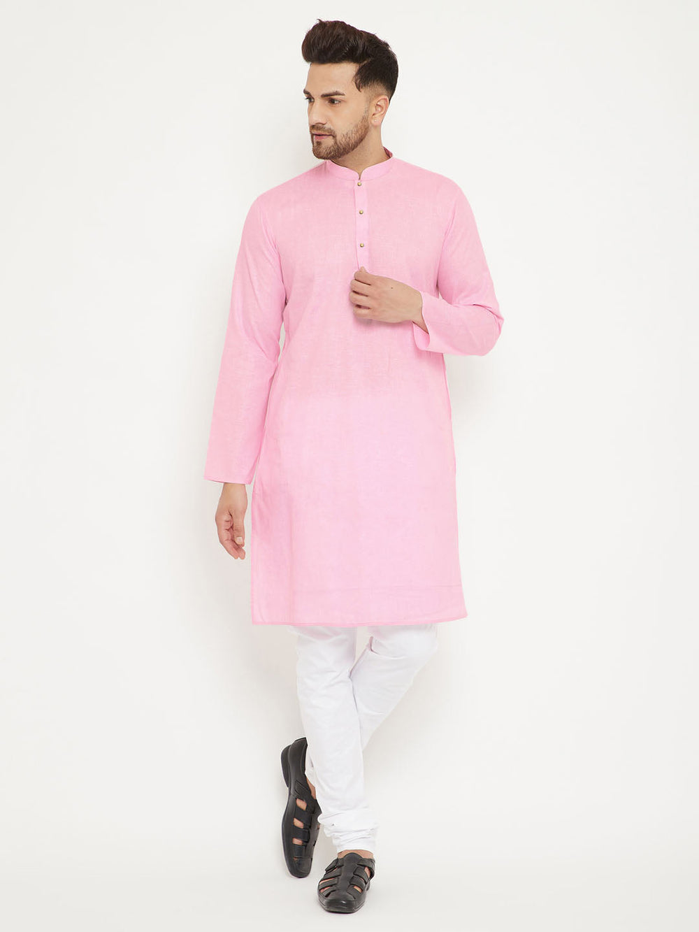 Sarvati Men's Pink And White Cotton Blend Kurta Pyjama Set