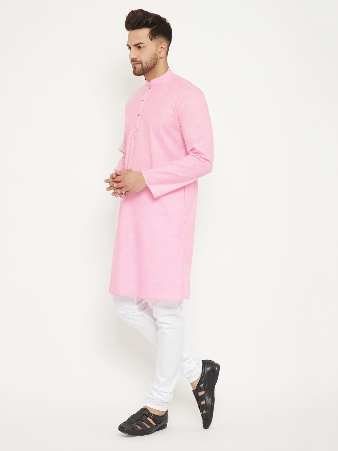 Sarvati Men's Pink And White Cotton Blend Kurta Pyjama Set