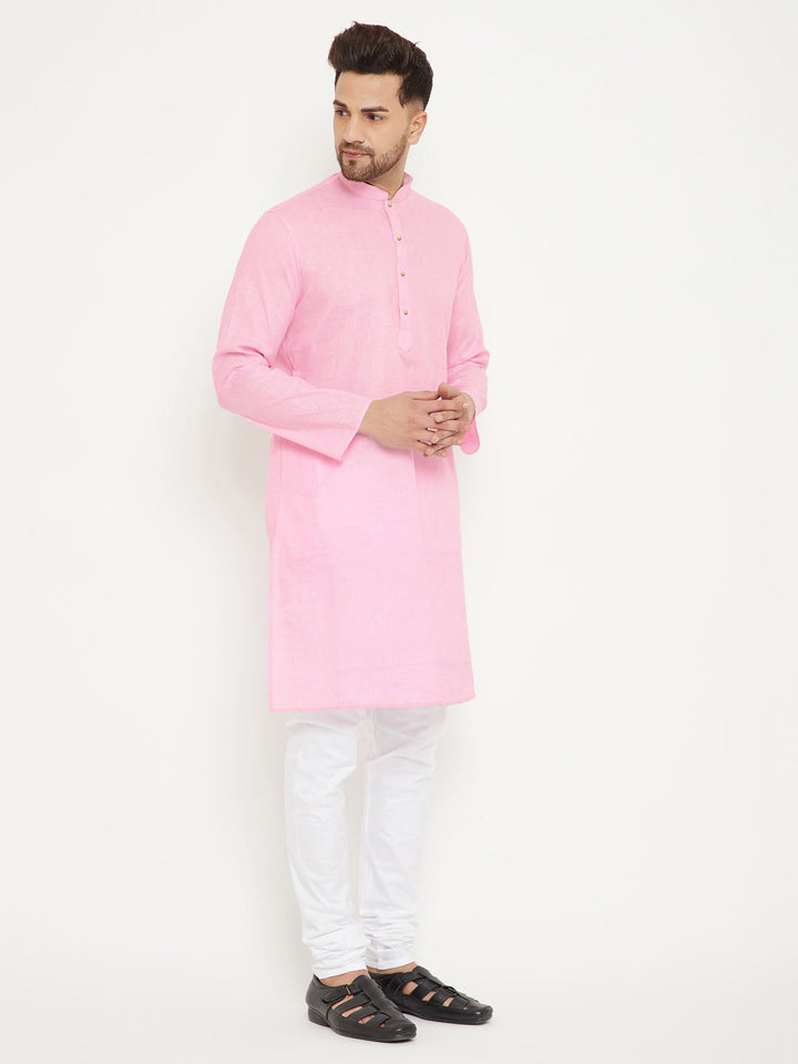 Sarvati Men's Pink And White Cotton Blend Kurta Pyjama Set