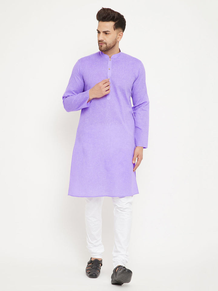 Sarvati Men's Purple And White Cotton Blend Kurta Pyjama Set