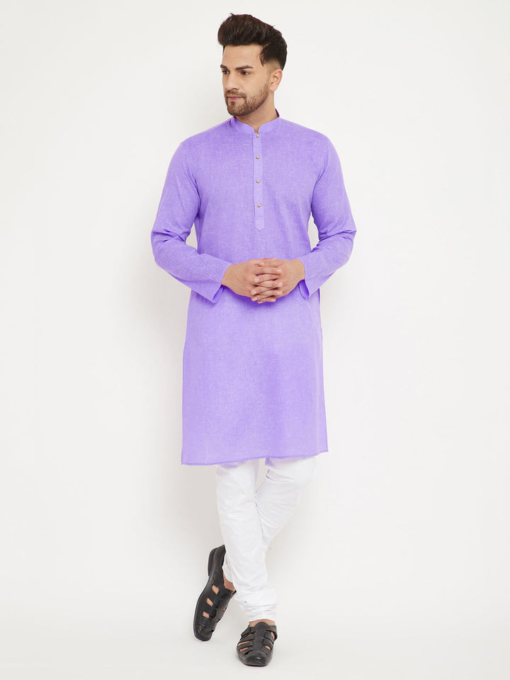 Sarvati Men's Purple And White Cotton Blend Kurta Pyjama Set