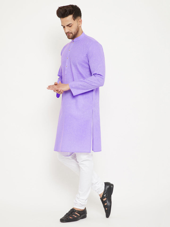 Sarvati Men's Purple And White Cotton Blend Kurta Pyjama Set