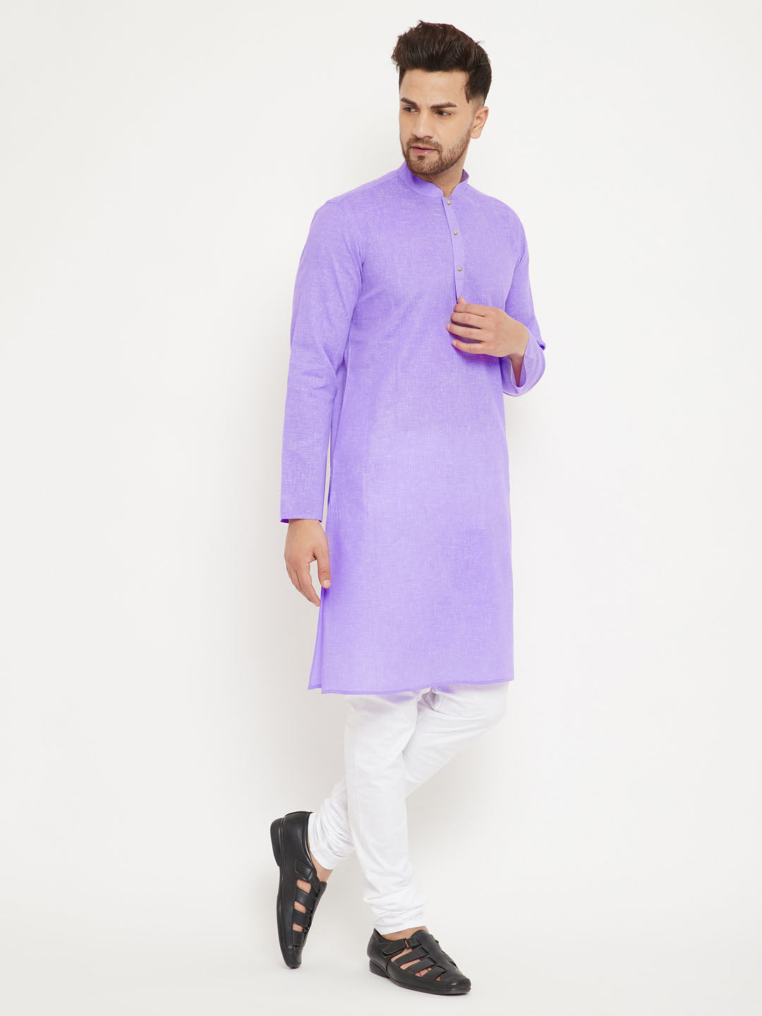 Sarvati Men's Purple And White Cotton Blend Kurta Pyjama Set