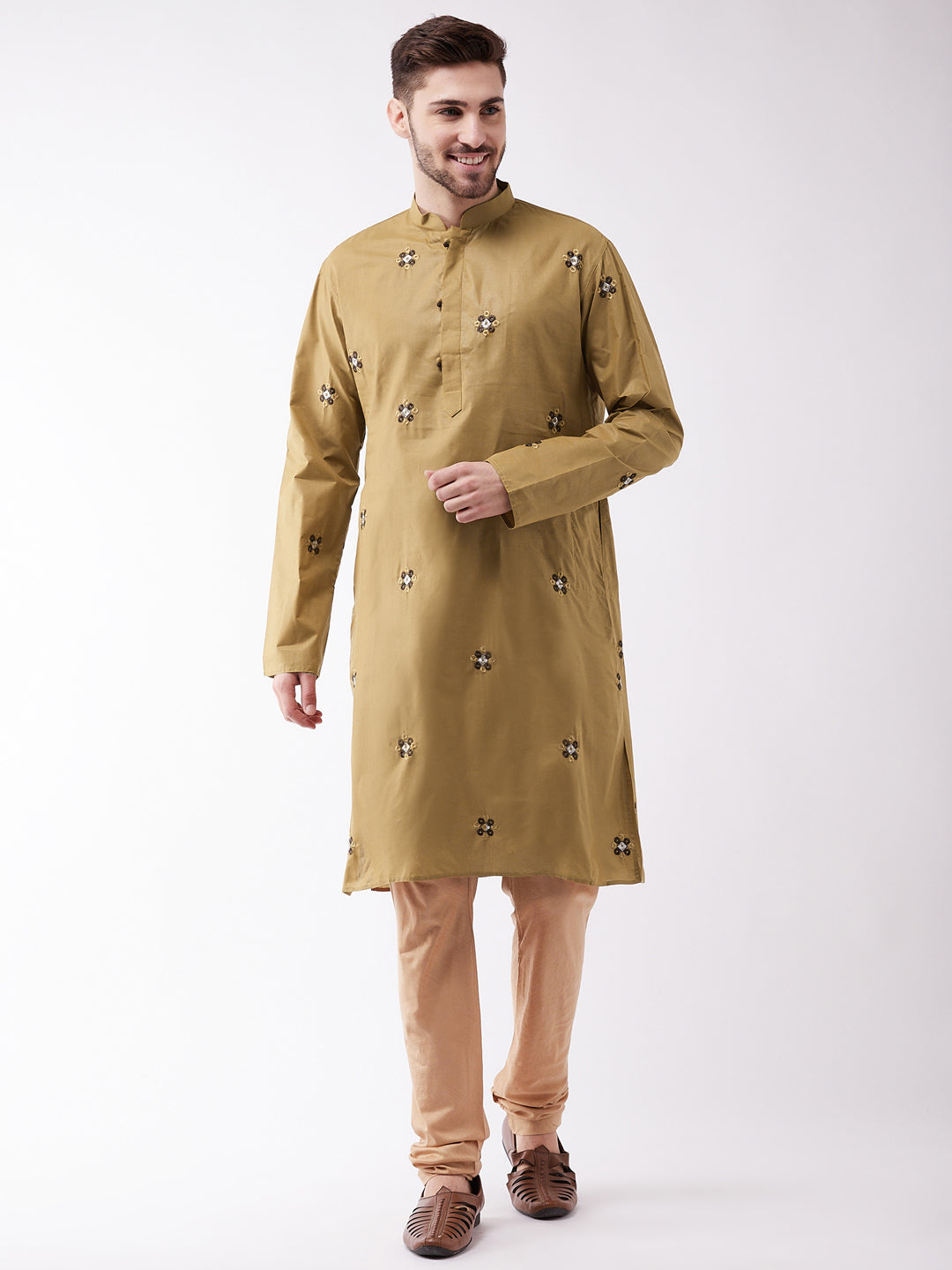 Sarvati Men's Chiku And Rose Gold Cotton Blend Kurta And Pyjama Set