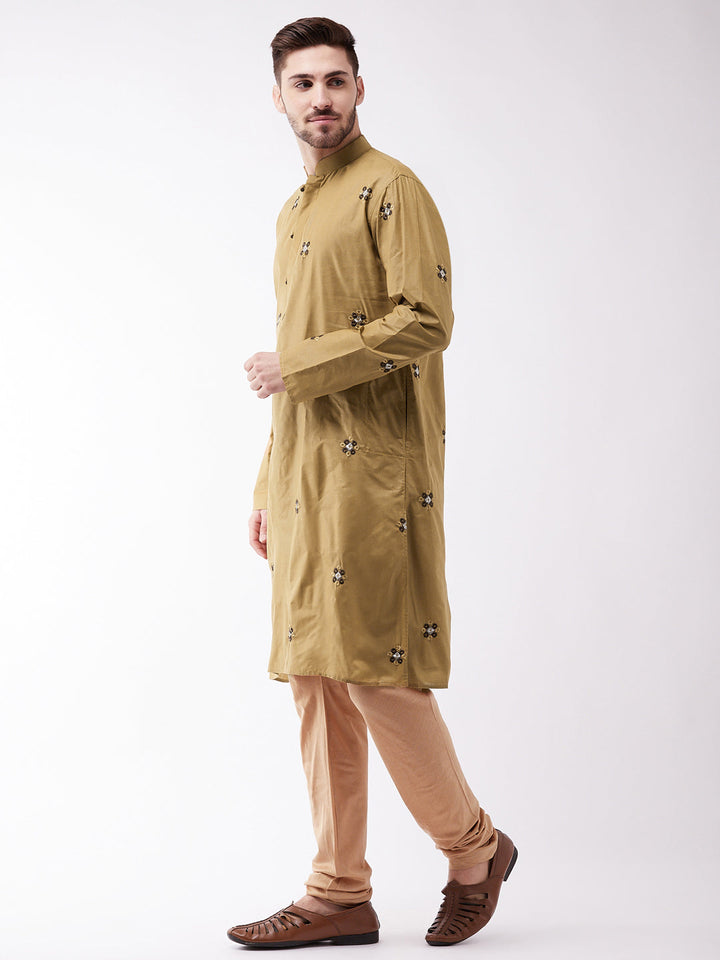 Sarvati Men's Chiku And Rose Gold Cotton Blend Kurta And Pyjama Set