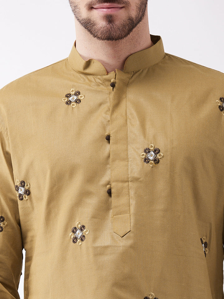 Sarvati Men's Chiku And Rose Gold Cotton Blend Kurta And Pyjama Set