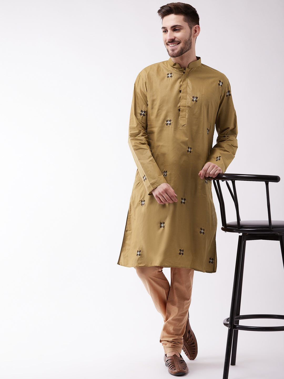 Sarvati Men's Chiku And Rose Gold Cotton Blend Kurta And Pyjama Set