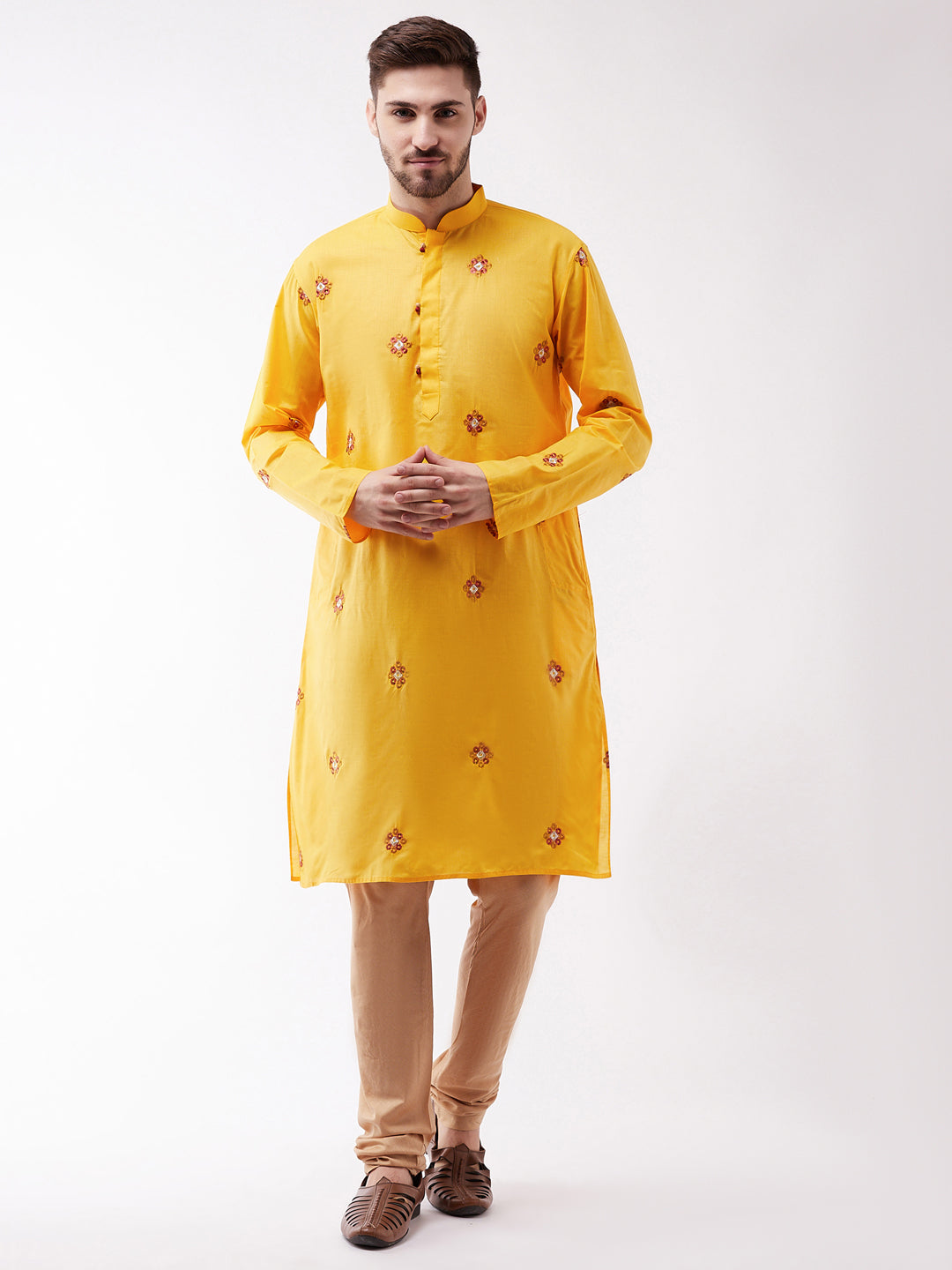 Sarvati Men's Yellow And Rose Gold Cotton Blend Kurta And Pyjama Set