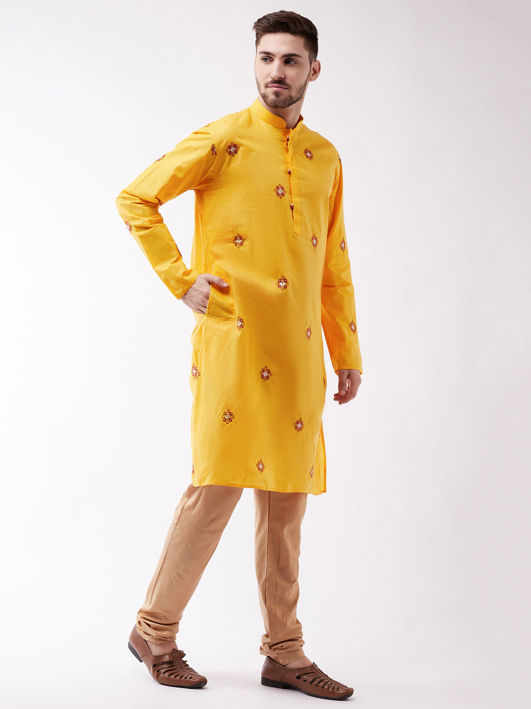 Sarvati Men's Yellow And Rose Gold Cotton Blend Kurta And Pyjama Set