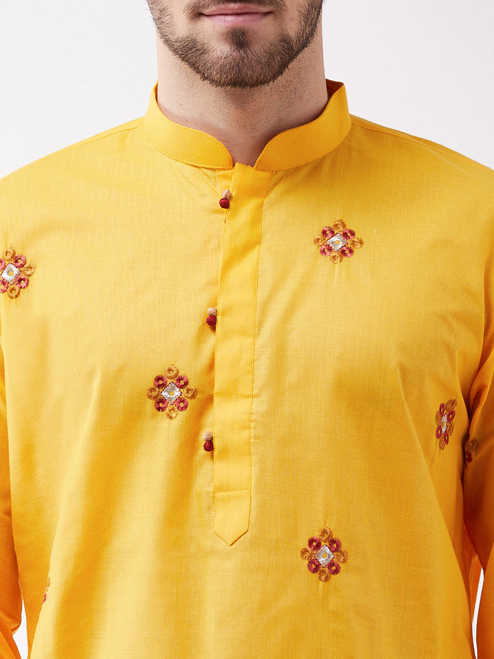 Sarvati Men's Yellow And Rose Gold Cotton Blend Kurta And Pyjama Set