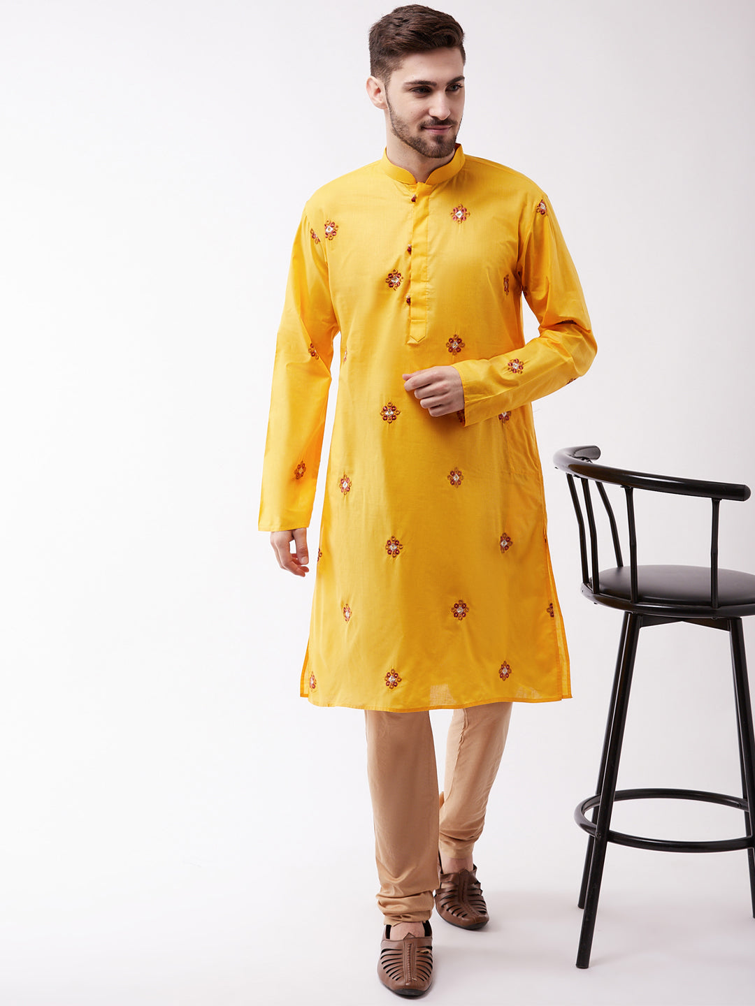 Sarvati Men's Yellow And Rose Gold Cotton Blend Kurta And Pyjama Set