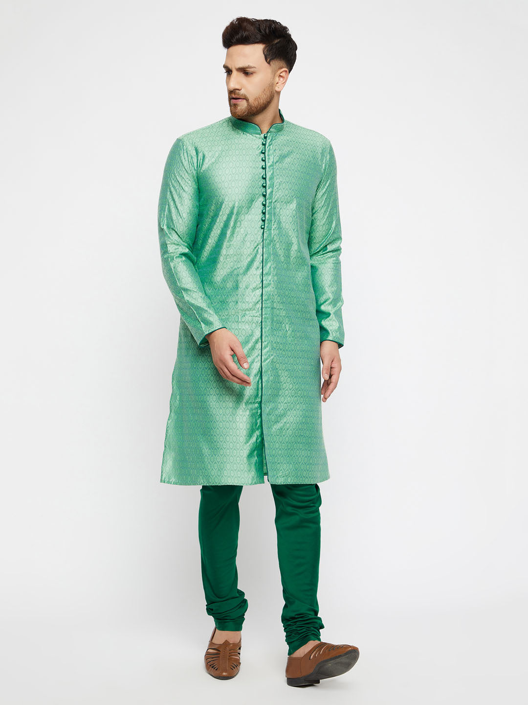 Sarvati Men's Green Silk Blend Kurta Pyjama Set