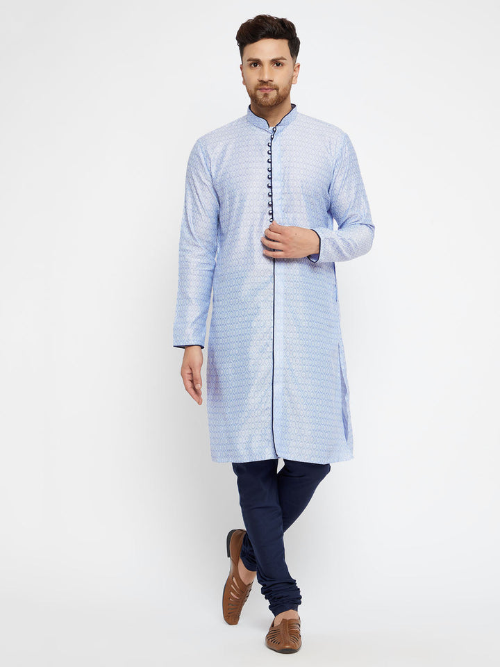 Sarvati Men's Lavender And Navy Blue Silk Blend Kurta Pyjama Set