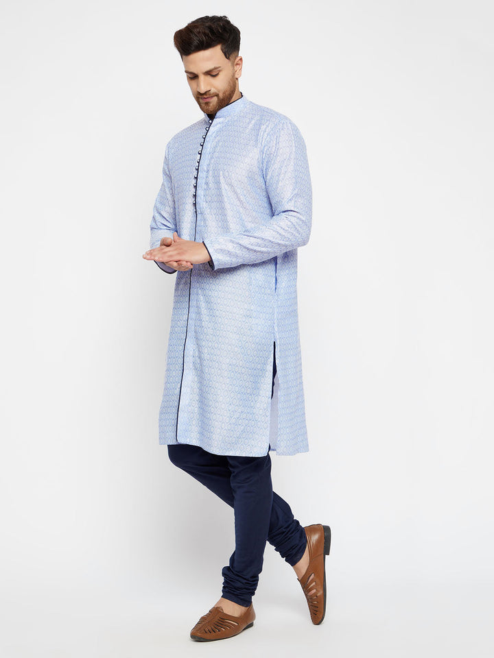 Sarvati Men's Lavender And Navy Blue Silk Blend Kurta Pyjama Set