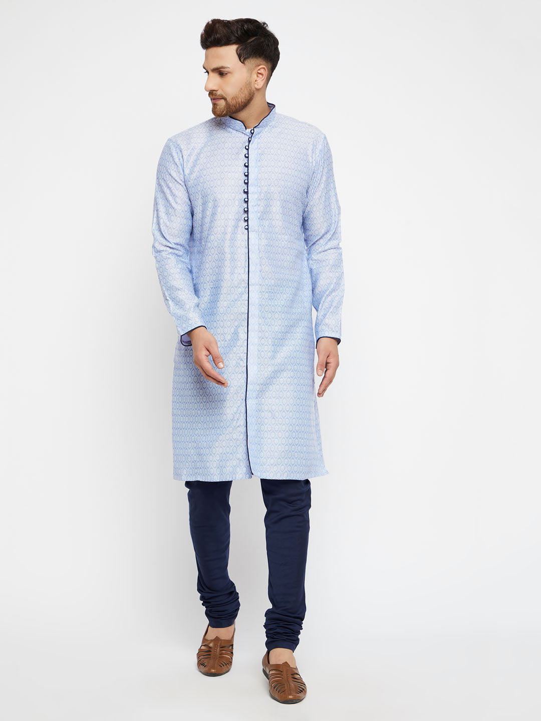 Sarvati Men's Lavender And Navy Blue Silk Blend Kurta Pyjama Set