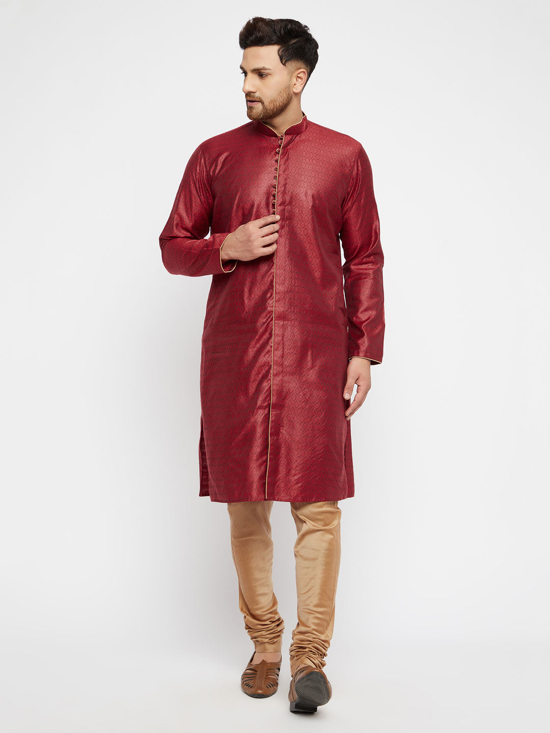 Sarvati Men's Maroon And Rose Gold Silk Blend Kurta Pyjama Set