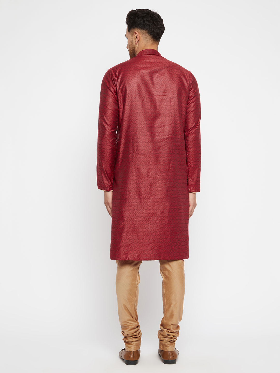 Sarvati Men's Maroon And Rose Gold Silk Blend Kurta Pyjama Set